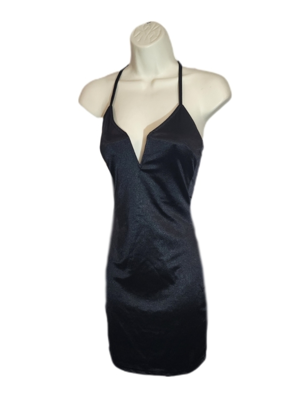 Unbranded Dress Bodycon Satin Plunge Halter Mini Black Size S